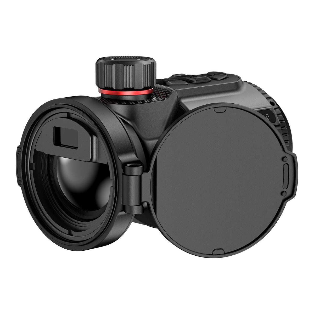 HIKMICRO Thunder 4.0 TQ35CL Wärmebild-Vorsatzgerät – Ansicht schräg von vorn mit geöffnetem Objektivdeckel