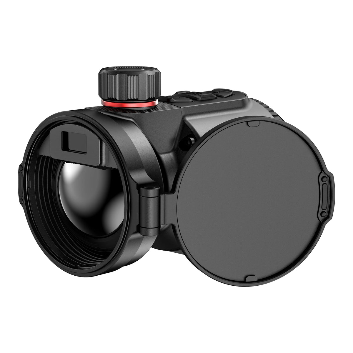 HIKMICRO Thunder 4.0 TQ50CL Wärmebild-Vorsatzgerät – Ansicht schräg von vorn mit geöffnetem Objektivdeckel